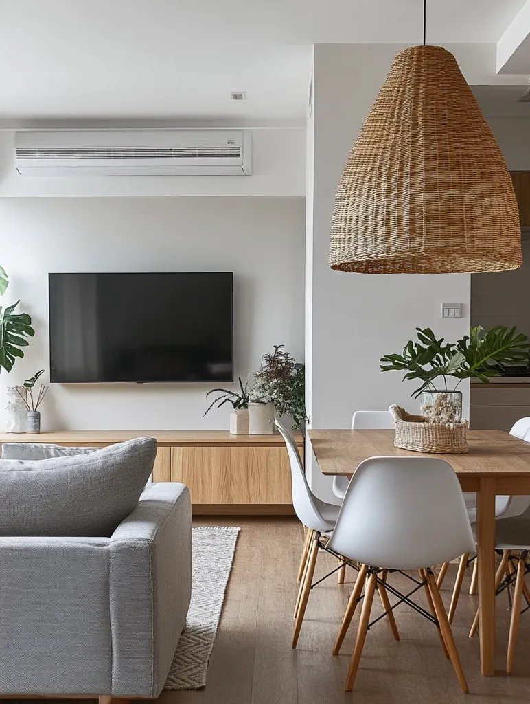 Here's a description of the image:

The image showcases a modern, minimalist living and dining area.  A light grey sofa sits opposite a light wood entertainment unit housing a flat-screen television.  A large, woven pendant light hangs centrally over a light wood dining table surrounded by white Eames-style chairs.  Plants add touches of greenery, and the overall aesthetic is clean, calm, and sophisticated.  The flooring is light-colored wood, complementing the neutral tones of the furniture and decor. A wall-mounted air conditioner is visible.  The space feels airy and spacious.