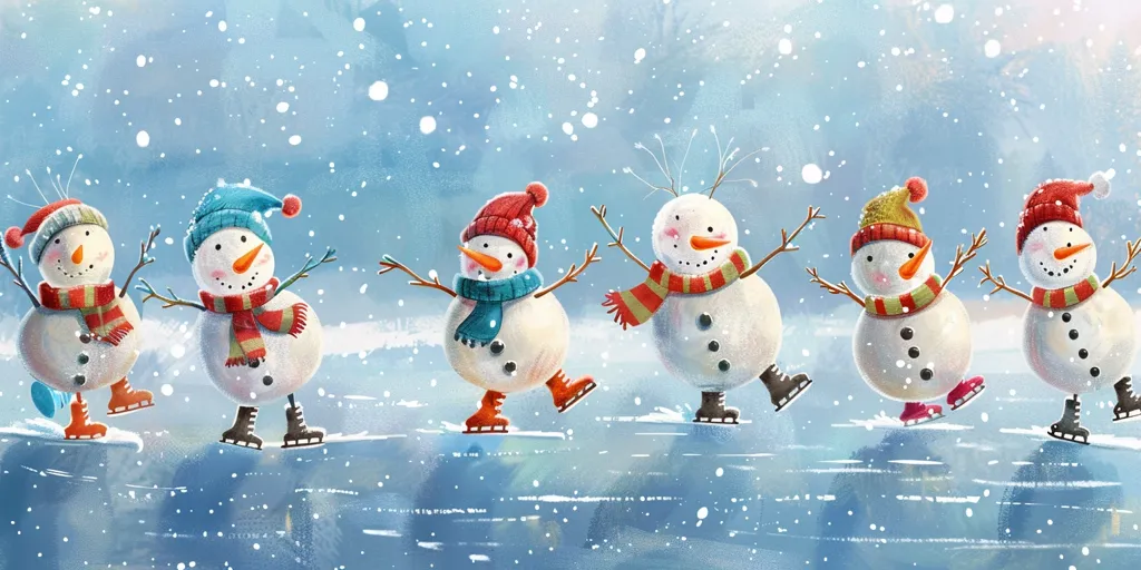 Six cheerful snowmen, each wearing a colorful hat and scarf, ice skate on a frosty pond.  Snow gently falls from a light blue winter sky.  The snowmen's joyful expressions and playful poses create a whimsical, festive winter scene, perfect for a holiday card or illustration.  They appear to be enjoying a carefree winter day.
