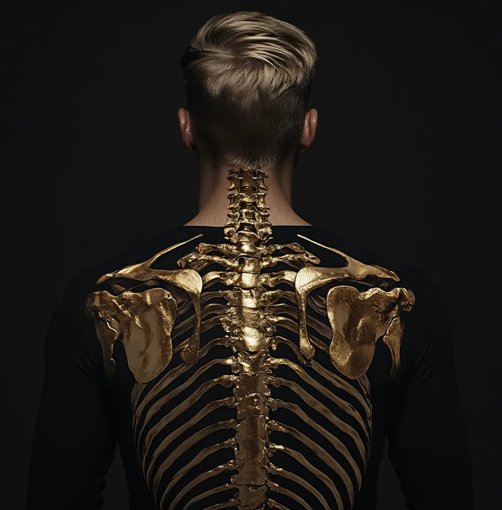 The image shows a person from behind, their back adorned with a gold-leafed depiction of a human ribcage and spine. The individual has short, light brown hair styled upward. They are wearing a long-sleeved black shirt, against a dark background which draws all the attention to the golden skeletal design. The overall effect is striking, a juxtaposition of the human form and metallic artistry.