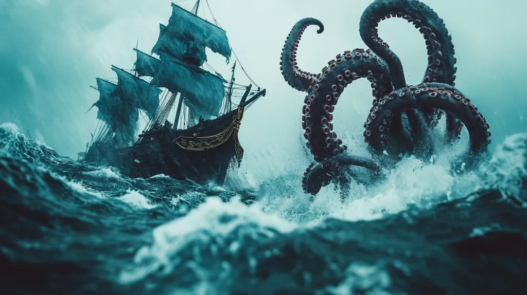 Here's a description of the image:

A dramatic scene unfolds on a stormy sea. A large, ancient sailing ship, its dark hull and tattered sails battling the waves, confronts a colossal kraken. The kraken's massive tentacles, ringed with suckers, emerge from the churning water, creating a maelstrom of foam and spray. The overall tone is dark and ominous, suggesting a struggle for survival against a mythical sea monster. The dark, teal-hued water and stormy sky enhance the dramatic effect.