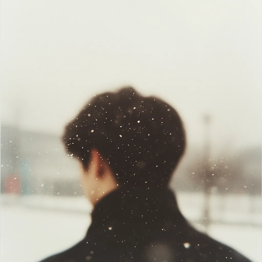 The image is a softly blurred photograph of a person's back, their dark hair dusted with snowflakes.  They are facing away from the camera, wearing dark clothing, and standing outdoors in a snowy landscape. The background is out of focus, showing a muted, wintery scene with hints of buildings and muted colors. The overall mood is serene and slightly melancholic, evoking a sense of quiet solitude in the snow.