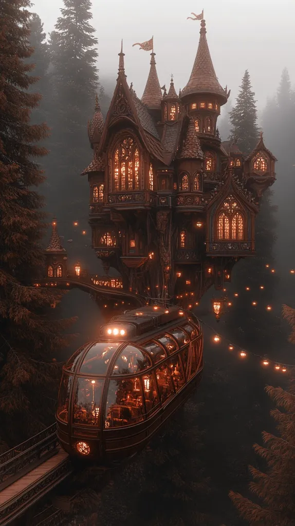 A whimsical, fairytale-like castle, crafted from dark wood and illuminated from within, sits nestled among a misty forest. Its intricate design features turrets, pointed roofs, and numerous windows glowing with warm light.  A transparent, carriage-like train, equally ornate, is connected to the castle by a bridge, adding to the enchanting and surreal atmosphere. String lights illuminate the scene, further enhancing the magical ambiance. The overall effect is one of mystery and wonder.