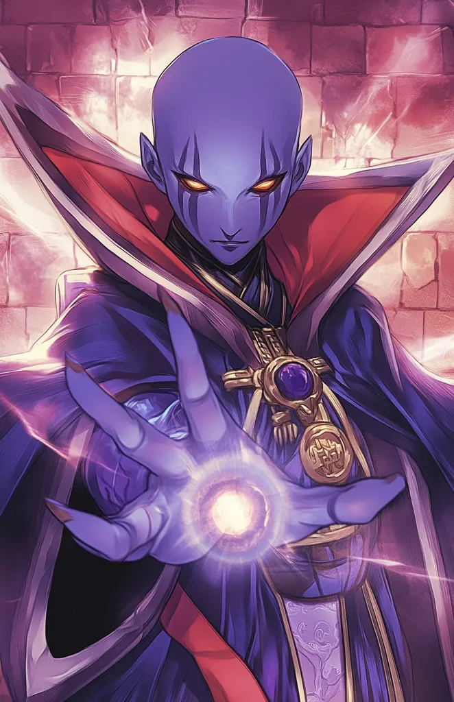 The image depicts a stylized character, possibly from a fantasy game or anime.  The figure is bald, with purple skin and striking red eyes, wearing a long, flowing robe of deep purple and crimson.  Gold embellishments adorn the robe, and a large, ornate jewel is visible at the chest. The character's hand is outstretched, displaying a glowing orb of purple and orange energy, suggesting magical power. The background is a blurred, brick wall, enhancing the character's prominence. The overall style is dramatic and intense, focusing on the character's mystical aura.
