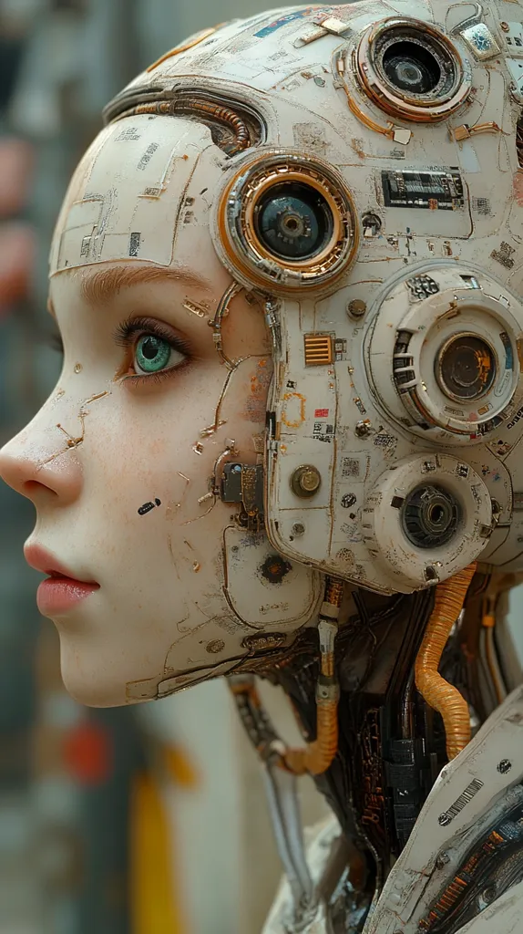 Here's a description of the image:

The image is a close-up of a stylized female cyborg's head and neck. Her skin is pale and seemingly organic, yet her head is encased in a complex, off-white mechanical shell with visible circuitry, gears, and various ports.  The mechanical components have a worn, aged appearance, suggesting either extensive use or a deliberate aesthetic choice.  Her eyes are a striking, vibrant green, contrasting sharply with the muted tones of the robotic elements.  The overall effect is one of a blend of human and machine, creating a futuristic, almost melancholic mood.