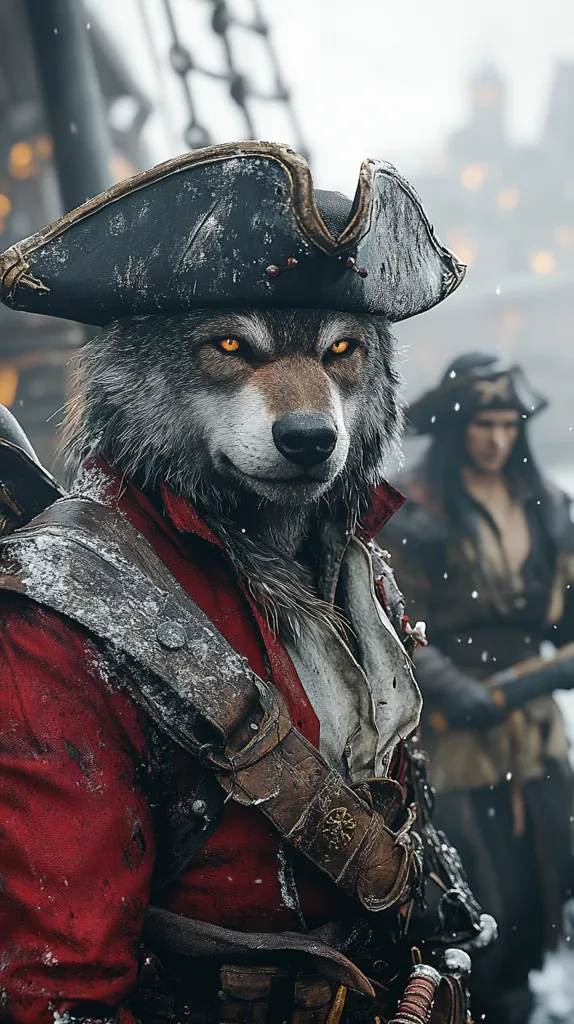 A wolf-like creature, anthropomorphic in appearance, dons a weathered tricorn hat and a crimson coat adorned with snow.  The fur is grey and thick, contrasting with the vibrant red of the jacket and the dark brown leather straps and belt.   The wolf’s piercing yellow eyes stare intently forward.  In the blurred background, a human woman in pirate attire stands, suggesting a wintry, pirate-themed setting, possibly a snowy port or ship. The overall image evokes a sense of mystery and adventure.