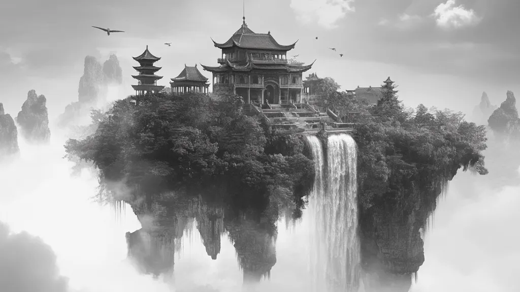 A breathtaking monochrome image depicts a fantastical floating island.  Atop this island sits an intricate East Asian-style temple complex, featuring tiered roofs and ornate architecture. Lush greenery covers the island, cascading down its sides to a dramatic waterfall that plummets into the clouds below.  Misty mountains form a hazy backdrop, enhancing the ethereal and otherworldly quality of the scene. Birds fly overhead, completing this serene and almost dreamlike landscape.