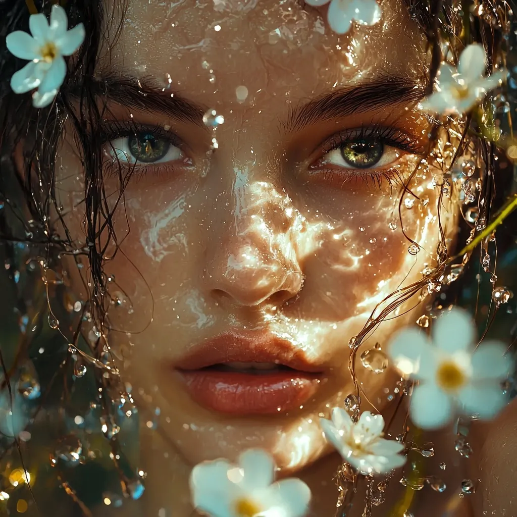 Here's a description of the image:

Close-up view of a young woman's face, partially submerged in water or a liquid with a shimmering, translucent quality.  Her dark hair is wet and clings to her face, interspersed with small, delicate white flowers. Water droplets cling to her skin, highlighting its texture and creating a sense of freshness.  The woman's expression is serious and her gaze is direct, emphasizing her striking green eyes. The overall effect is ethereal and dreamlike, suggesting a connection to nature and purity.