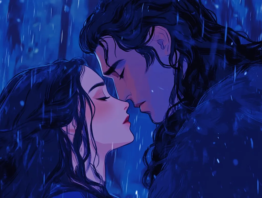 A digital painting depicts a romantic moment between a man and a woman, bathed in cool blue tones.  Rain falls around them, creating a dreamy, atmospheric effect.  The man, with dark, wavy hair and a fur-lined garment, leans in to kiss the woman. She has long, dark hair and her eyes are closed. Their faces are close, and the overall mood is one of tender intimacy and romance in a mysterious, nighttime setting.  The artistic style is smooth with soft shading, enhancing the emotional depth.