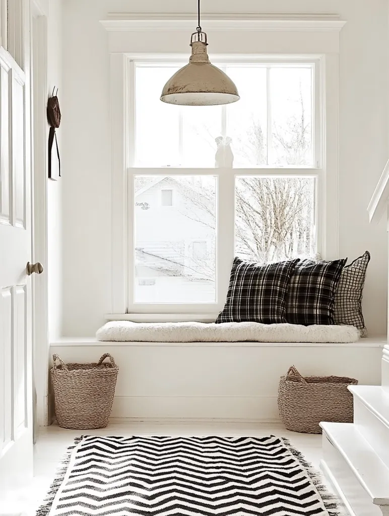 Here's a description of the image:

A bright, minimalist hallway features a built-in window seat bathed in natural light from a large window.  The seat is cushioned and adorned with black and white plaid pillows.  Two woven baskets flank the seat, adding a touch of texture. A black and white chevron rug lies on the polished floor, complementing the pillows. A vintage-style pendant light hangs above, adding warmth to the space. The overall aesthetic is clean, serene, and inviting.