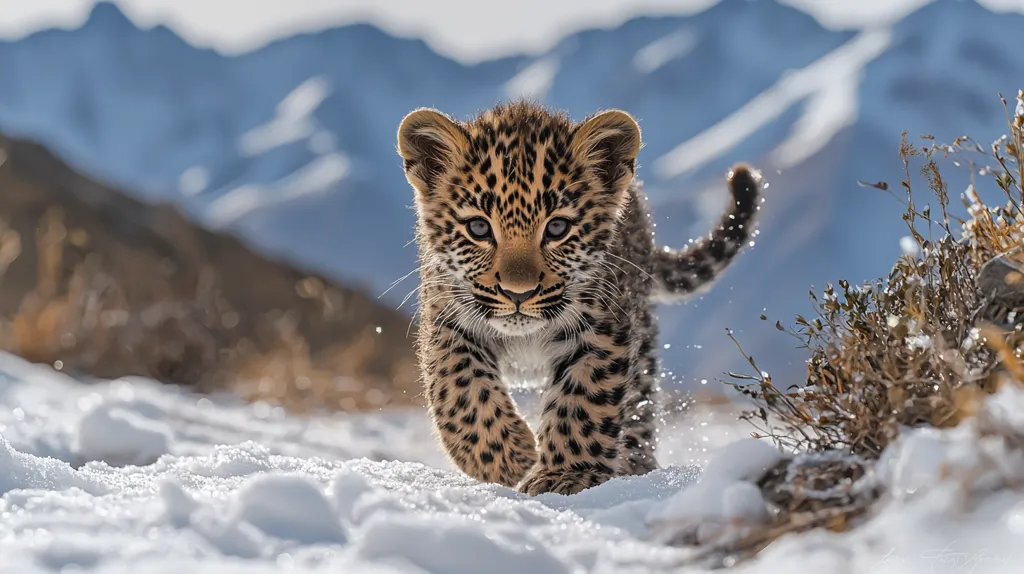 Here's a description of the image:

A snow leopard cub bounds through a snowy mountain landscape. Its fur, a striking blend of tawny and dark brown rosettes, stands out against the white snow. The cub's intense gaze is directed towards the viewer, its small face framed by rounded ears. The background showcases a majestic mountain range under a bright, possibly sunny sky. Low-lying shrubs dusted with snow flank the cub, enhancing the wintry feel. The overall impression is one of wild beauty and untamed nature.
