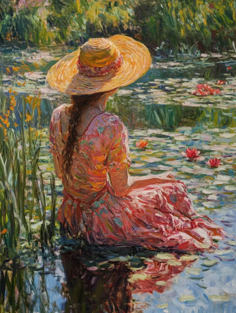 Here's a description of the image:

The painting depicts a woman seated by a pond, her back to the viewer. She wears a large straw hat and a flowing, coral-pink dress.  The pond is covered in lily pads and water lilies, their pink and red blossoms visible. The style is Impressionistic, with visible brushstrokes creating a textured, vibrant effect. Lush green vegetation lines the pond's edge, contrasting with the calm water and the woman's bright clothing. The overall mood is peaceful and serene, evoking a sense of tranquility in nature. The reflection of the woman and the surrounding elements is subtly mirrored in the water's surface.
