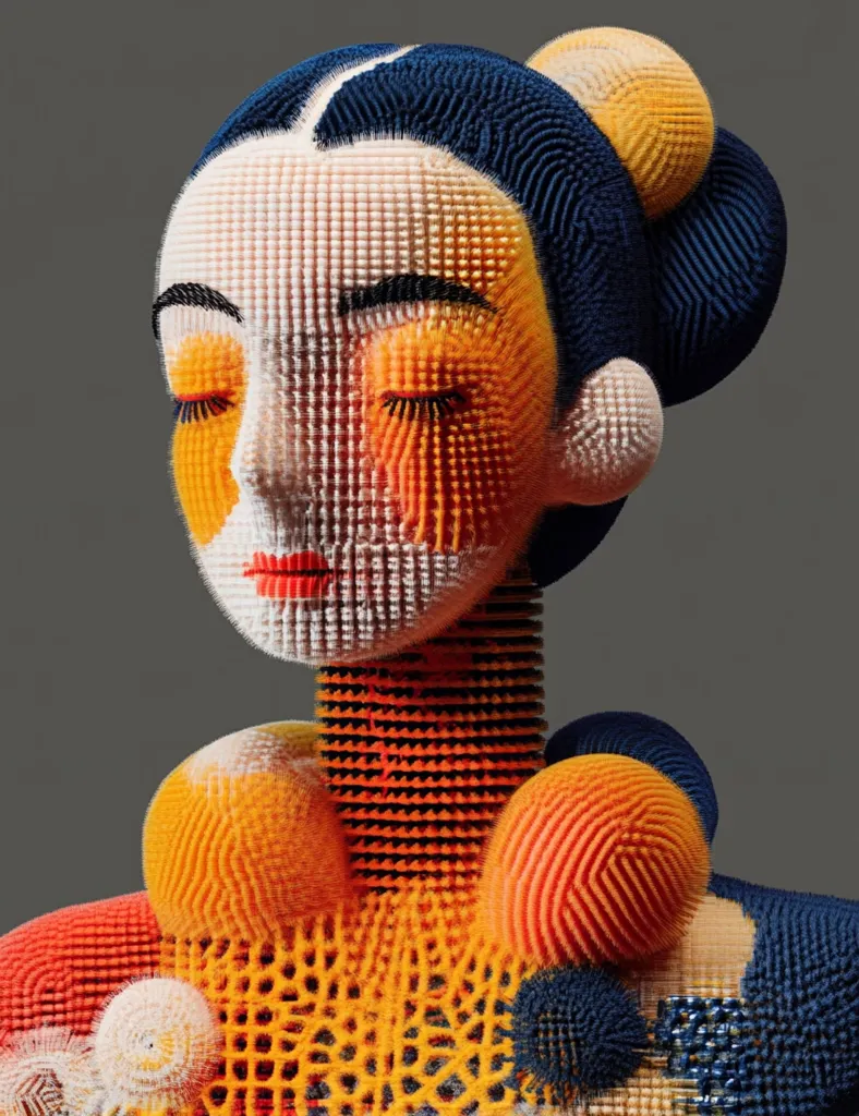 A digital artwork depicts a stylized female bust rendered in a vibrant, textured style.  The figure's face is serene with eyes closed, and her hair is styled in an updo. The entire sculpture is constructed from a multitude of small, textured blocks in shades of orange, white, and dark blue, creating a three-dimensional, almost brush-stroke-like effect.  The color palette is bold and contrasting, with the orange tones dominating the shoulders and neck. The overall impression is one of modern artistry and digital creativity.