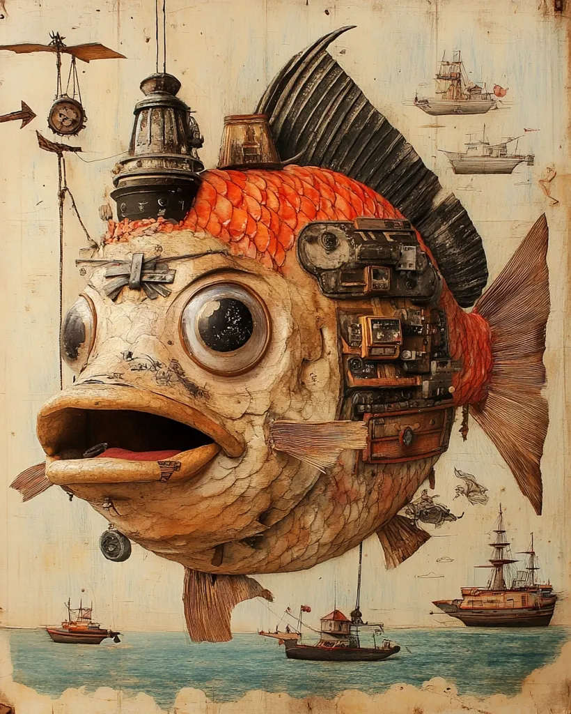 This artwork depicts a fantastical steampunk-style fish, seemingly constructed from wood and various mechanical parts.  Its body is predominantly beige and orange, with large, expressive eyes.  The fish is adorned with gears, clocks, and other intricate details, suggesting it's a flying machine.  The background features several smaller sailing ships on a calm sea, contributing to a whimsical, vintage aesthetic reminiscent of nautical maps and illustrations. The overall effect is one of imaginative storytelling, blending organic and mechanical elements seamlessly.