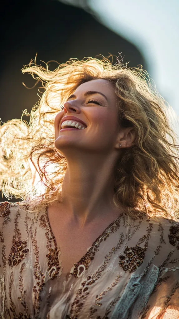 Here's a description of the image:

The photograph captures a radiant woman with shoulder-length, light brown, curly hair, tossed playfully by the wind. Her face is tilted upward, bathed in sunlight, showcasing a bright, genuine smile that reveals her teeth.  She's wearing a light beige, sheer top adorned with delicate, dark brown embroidery, creating a visually appealing contrast. The background is blurred, suggesting an outdoor setting, likely natural, with the focus sharply on the woman's joyful expression and the texture of her clothing. The overall mood is one of carefree happiness and natural beauty.