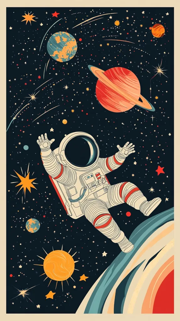 A retro-style illustration depicts an astronaut floating in space.  The astronaut, rendered in a vintage, line-art aesthetic, has arms outstretched against a backdrop of planets, stars, and shooting stars.  The color palette is warm and muted, featuring oranges, reds, and teal accents.  The planets are stylized, and the overall style evokes a sense of mid-century space exploration posters. The scene is dynamic, suggesting movement and a vast, mysterious cosmos.