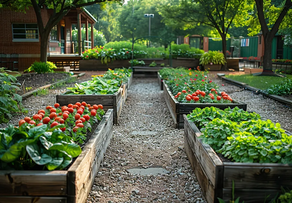 A meticulously maintained garden pathway, bordered by rustic wooden raised beds, winds through a vibrant array of vegetables and flowers.  Ripe red tomatoes gleam in one bed, while lush green leafy plants fill others.  The scene is peaceful and productive, set against a backdrop of a brick building and mature trees, suggesting a community garden or a homegrown oasis.  The gravel path provides a clean contrast to the rich colors of the thriving plants.