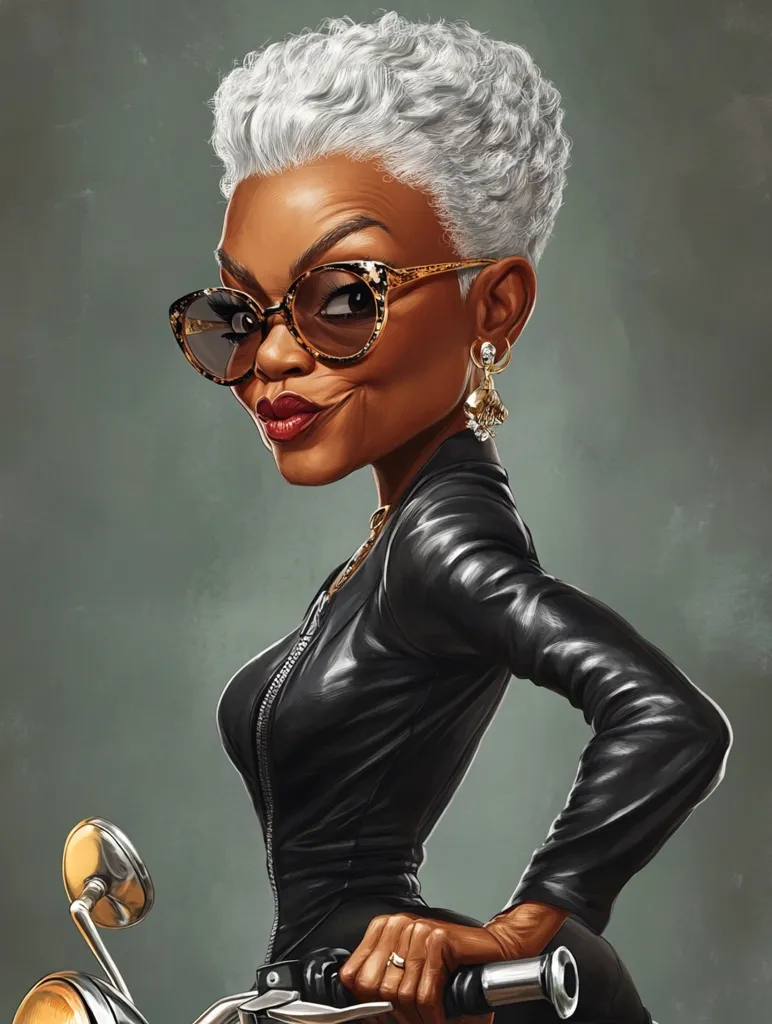 This is a stylized caricature of a woman with short, gray, curly hair.  She's depicted wearing large, tortoiseshell sunglasses, gold earrings, a black leather jacket, and a gold ring. Her expression is subtly sassy.  The caricature style exaggerates her features, particularly her lips and eyes. She's positioned with her hand resting on the handlebars of a motorcycle, suggesting a sense of confidence and strength. The background is a muted gray-green.