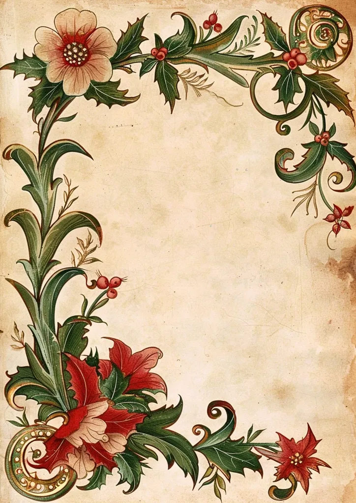 This image showcases an ornate floral border design, reminiscent of illuminated manuscripts or vintage botanical illustrations.  The style is highly decorative, with stylized flowers in shades of red and peach, green foliage, and swirling gold accents.  The flowers appear to be poinsettias and possibly other winter blooms. The design frames a blank off-white parchment-like background, suggesting its use as a decorative frame for text or an image. The overall effect is elegant and reminiscent of a Christmas or winter theme.