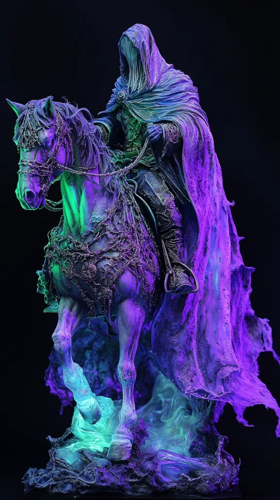 Here's a description of the image:

The image showcases a meticulously crafted statue of a cloaked figure astride a horse.  The rider's hooded cloak obscures their face, adding to the mysterious aura.  Both the horse and rider are rendered in shades of purple and teal, with a textured, almost decaying surface. The horse's harness is intricately detailed, resembling chains or vines. The base of the statue features swirling, ethereal effects,  illuminated with green and purple light, giving the scene a spectral and otherworldly feel. The overall aesthetic is dark, dramatic, and fantastical.