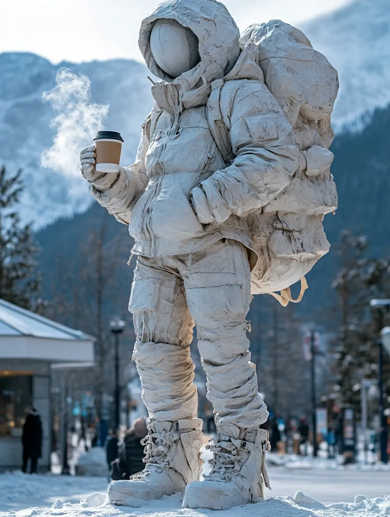 Here's a description of the image:

A striking outdoor statue, seemingly crafted from white stone or a similar material, depicts a figure in a bulky, astronaut-like suit. The figure wears a large backpack and high, sturdy boots, suggesting a mountaineer or explorer. It holds a disposable coffee cup, from which steam rises, adding a touch of human-like warmth to the otherwise stark, cold aesthetic. The backdrop is a snowy mountain scene, with a village visible in the distance, contrasting the statue's solitary pose. The overall impression is one of resilience, solitude, and a blend of futuristic and traditional elements.