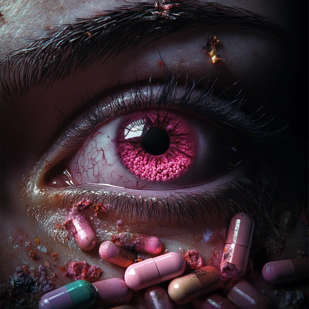 Here's a description of the image:

Close-up view of a stylized eye, seemingly human, with a disturbingly realistic rendering. The iris is a vibrant pink, filled with tiny pink spheres, giving the impression of being filled with pills or granules. Bloodshot veins are visible in the white of the eye, enhancing its unsettling effect.  The surrounding skin is textured and decaying, covered in a layer of crumbled, pink pills, suggesting overuse or addiction. The overall tone is dark and gritty, creating a visually shocking and unsettling image.