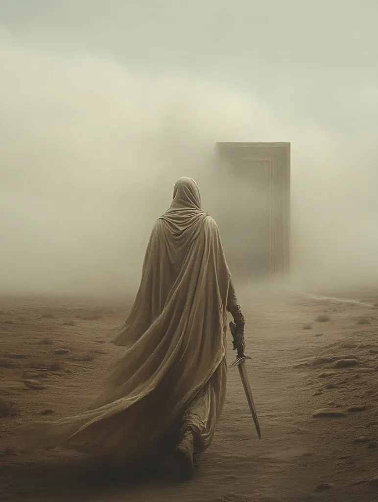 A cloaked figure, their face obscured, walks across a desolate, sandy landscape shrouded in mist.  A long, flowing garment billows behind them, trailing in the wind.  The figure carries a sword at their side, their gaze directed towards a distant, monolithic doorway barely visible in the hazy atmosphere. The overall mood is one of mystery, solitude, and impending journey. The scene evokes feelings of epic fantasy or a post-apocalyptic setting.