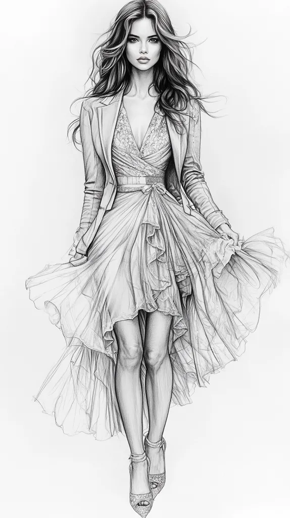 A stunning pencil sketch depicts a fashion model, her long, flowing hair catching the wind. She wears a layered, ruffled dress, cinched at the waist with a belt, and a stylish jacket.  The dress's hemline is uneven, adding to its dynamic effect.  She's poised mid-stride in high-heeled sandals, her gaze directed forward with an air of confidence and elegance. The detailed shading creates a sense of movement and texture in her clothing and hair.