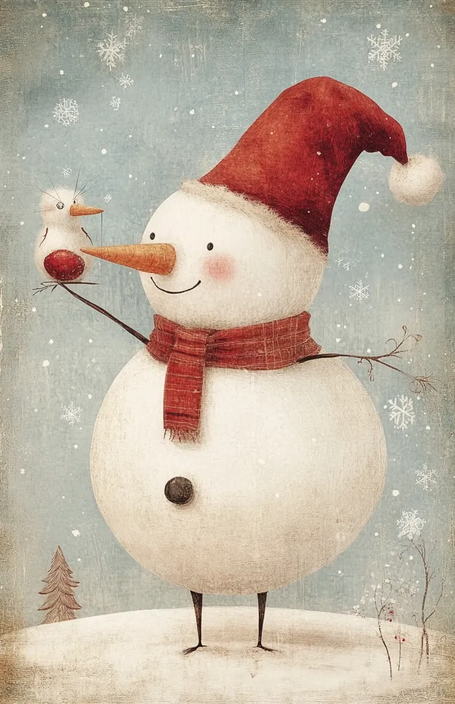 A charming illustration depicts a friendly snowman wearing a red Santa hat and plaid scarf.  The snowman gently holds a small bird with a red belly.  Snowflakes softly fall on a muted blue background, enhanced by a textured, vintage aesthetic.  Small trees and bushes add to the wintry scene, creating a heartwarming and whimsical Christmas image.  The style is reminiscent of children's book illustrations, conveying a sense of peace and holiday cheer.