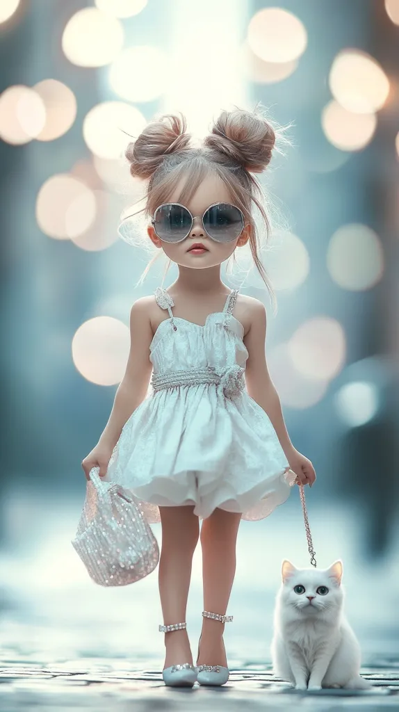 A stylish toddler girl, sporting oversized sunglasses and her hair in topknot buns, confidently strolls down a path. She's dressed in a pretty, light-colored sleeveless dress and carries a sparkling purse.  A dainty white kitten on a leash walks obediently by her side. The backdrop is softly blurred, focusing attention on the charming subject and her fluffy companion.  The overall scene is one of youthful elegance and carefree sophistication.