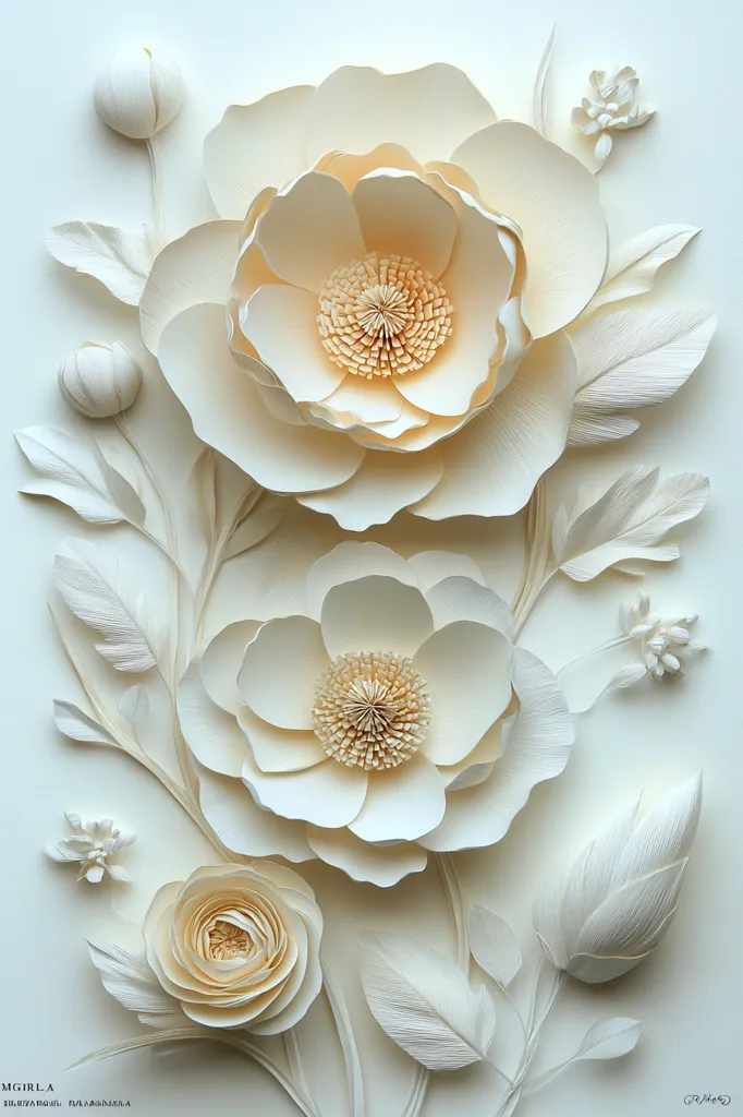 This image showcases an exquisite piece of paper art.  Two large, intricately layered paper flowers, resembling peonies, dominate the composition.  Smaller paper blossoms and leaves, meticulously crafted, create a flowing arrangement. The off-white and cream color palette lends a delicate and elegant feel. The depth and texture achieved through the layering techniques give the flowers a realistic three-dimensional quality.  The overall effect is one of serene beauty and artistic skill.