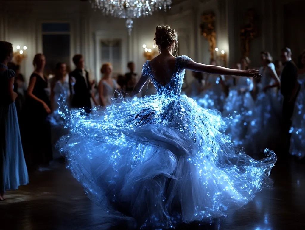 Here's a description of the image:

The photograph captures a young woman in a breathtaking, luminous blue ballgown. The dress, seemingly woven with thousands of tiny lights, creates a magical, ethereal effect as she gracefully moves across a grand ballroom.  The background is blurred but shows other elegantly dressed guests at a formal ball, enhancing the fairytale-like atmosphere. The scene evokes a sense of wonder and enchantment, reminiscent of a classic fairy tale. The woman's back is to the camera, highlighting the stunning detail of the dress's design and the luminosity of the fabric.