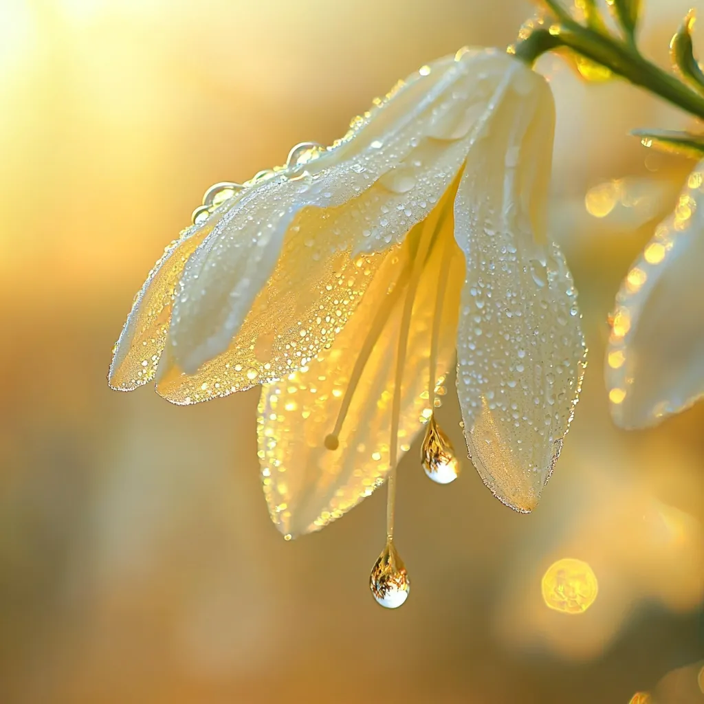 Here's a description of the image:

Bathed in warm, golden sunlight, a delicate white flower, possibly a lily or bellflower, is adorned with countless glistening dewdrops.  The petals, translucent and soft, are heavily laden with moisture, reflecting the light beautifully.  Three large drops hang precariously from the flower's tips, adding to the image's ethereal quality. The background is a blurred bokeh of warm oranges and yellows, emphasizing the flower as the focal point. The overall effect is one of serene beauty and tranquility.