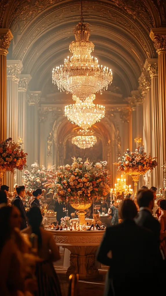 A grand ballroom, opulent and warm-lit, features ornate golden architecture and multiple crystal chandeliers.  Large floral arrangements in autumnal hues flank a low table laden with shoes, creating a centerpiece.  Elegant guests, dressed in formal attire, mingle in the background. The atmosphere is one of refined luxury and celebration.  The scene suggests a formal event, possibly a gala or wedding reception, within a historically significant building.