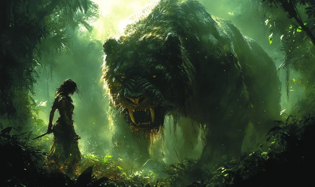 A woman, silhouetted against a verdant jungle backdrop, stands armed with a knife, facing a massive, menacing beast. The creature, resembling a colossal, dark-furred feline with prominent fangs, looms over her, its eyes glowing ominously.  The scene is saturated in deep greens and shadows, creating a tense atmosphere of impending confrontation within the lush, mystical forest.  Sunlight filters through the dense canopy, illuminating the scene with an ethereal glow.