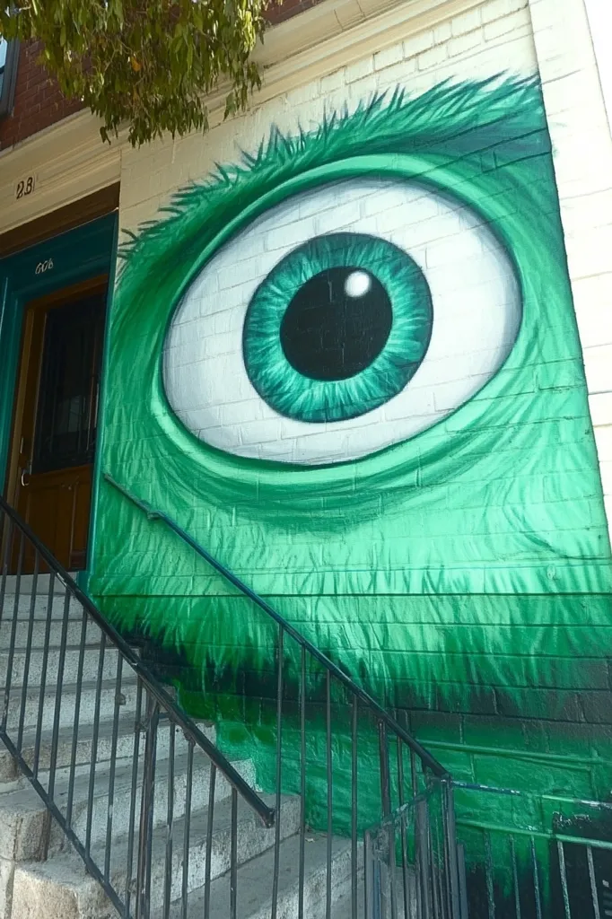 A vibrant green eye mural dominates the side of a brick building, its textured surface mimicking fur.  The eye, with a teal iris and black pupil, is realistically rendered against the white brick backdrop.  A dark green, shaggy brow frames the eye.  A metal staircase ascends alongside the artwork, leading to a building entrance partially visible behind the mural's lower portion.  The contrast between the building's architecture and the whimsical graffiti creates a striking visual.  Part of a tree's foliage is seen in the upper left corner.