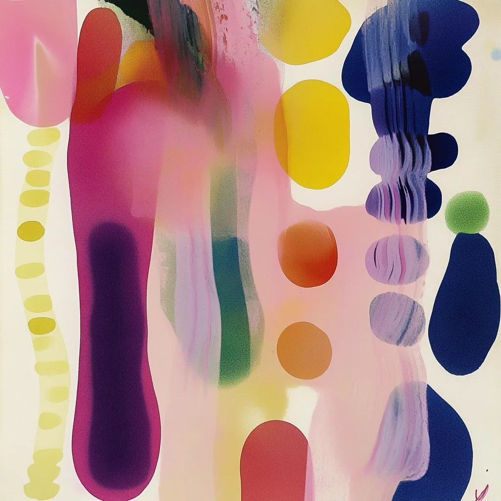 The artwork is an abstract painting dominated by soft, flowing forms in a range of pastel and bright colors.  Pink and rose hues are prominent, contrasted by vibrant yellow, deep purple, and teal accents.  Several rounded shapes, reminiscent of pebbles or bubbles, are scattered across the canvas, creating a sense of movement and depth.  The style suggests a fluid, almost ethereal quality, achieved through blending and layering of colors. The overall effect is one of gentle energy and visual harmony.