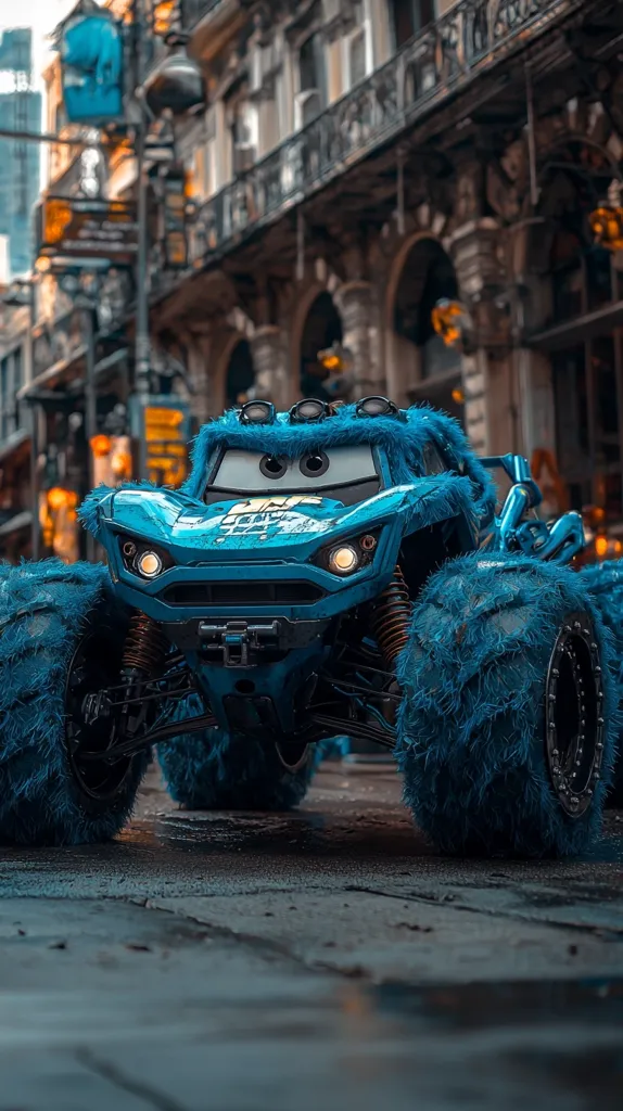 A vibrant blue monster truck, adorned with fluffy blue accents resembling fur, is parked on a city street.  The truck's cartoonish features, including large eyes, give it a playful appearance. The background is a blurry but detailed cityscape of an old European-style building, with wrought iron balconies and streetlights. The contrast between the playful truck and the serious architecture creates a striking visual. The wet pavement reflects some of the truck's light.
