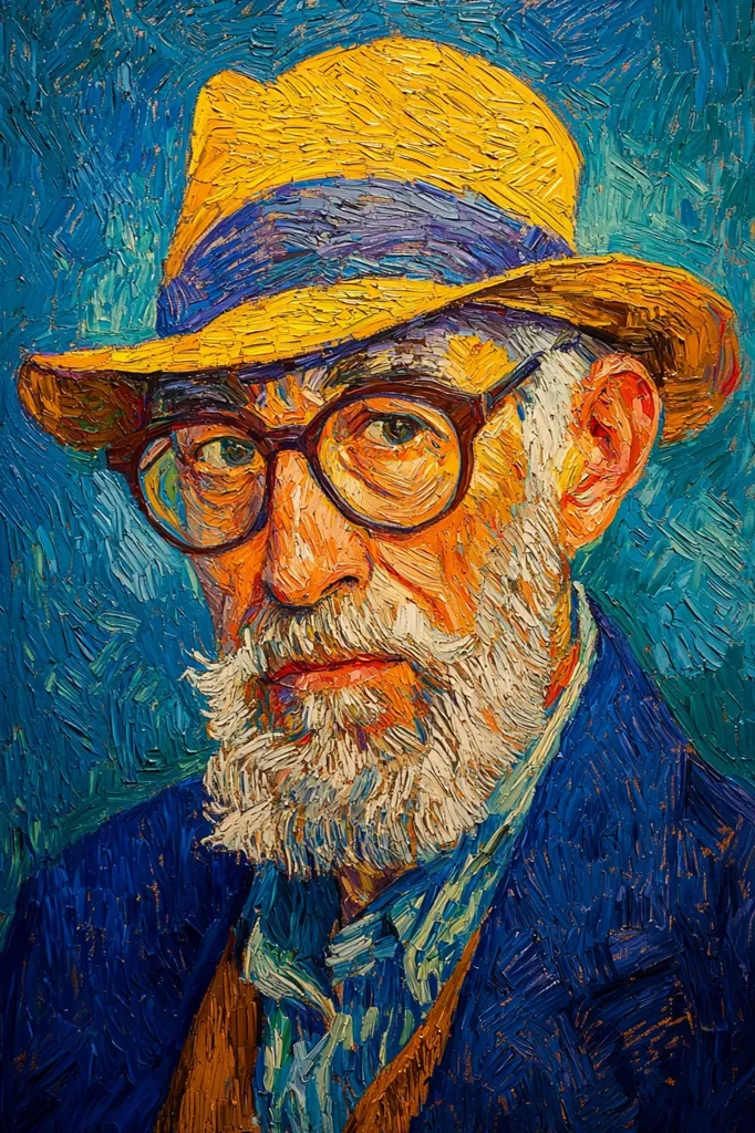 Here is a description of the image:

The painting is a close-up portrait of an older man, executed in a style reminiscent of Van Gogh's impasto technique.  Thick, visible brushstrokes create texture and vibrancy. The man wears a yellow fedora with a purplish-blue band and round glasses.  His expression is serious, almost pensive, and his white beard is prominent. He's dressed in a blue jacket over a lighter-colored shirt. The background is a swirling blue, contrasting with the warm tones of the man's face and hat. The overall effect is bold, expressive, and emotionally engaging.