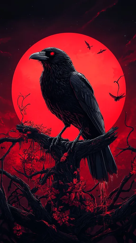 Here's a description of the image:

A dramatic digital illustration depicts a large black raven with glowing red eyes perched on a gnarled, dark tree branch. The raven is sharply detailed, its feathers meticulously rendered. It sits silhouetted against a vibrant, blood-red moon dominating the background. Smaller, shadowy birds fly in the upper-right quadrant. The tree is also dark, with red, almost blood-like, flowers or blossoms blooming amongst its branches. The overall color palette is a striking contrast of deep blacks and intense reds, creating a moody and ominous atmosphere.