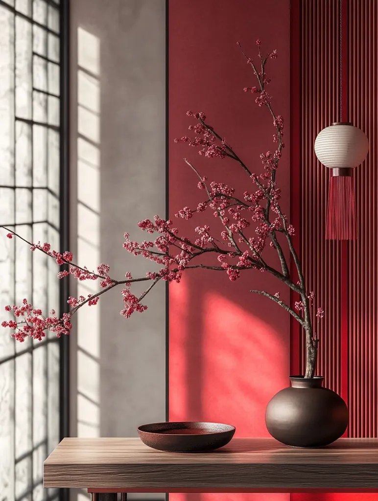 Here's a description of the image:

The image showcases a minimalist, modern interior design with a distinctly Asian aesthetic.  A dark brown vase holds a delicate, blossoming branch with small pink flowers, positioned against a vibrant red wall.  Sunlight streams through a large window, casting shadows on a light gray wall.  A dark brown bowl sits on a light wooden table, adding to the muted color scheme. A hanging paper lantern with red tassels adds a touch of traditional Asian charm.  The overall feel is serene and sophisticated.