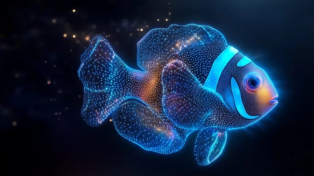 The image depicts a stylized ocellaris clownfish, rendered in a luminous, pointillist style.  Thousands of tiny lights form the fish's shape against a dark background speckled with bokeh. The vibrant blue and orange hues of the fish are clearly visible, as are its characteristic stripes and fins.  The overall effect is one of digital artistry, suggesting a blend of technology and nature. The fish appears to float in a dark, deep ocean environment.