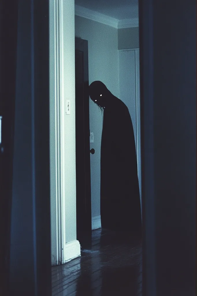 Here's a description of the image:

The photograph depicts a shadowy, cloaked figure standing in a dimly lit hallway.  The figure's face is obscured, only glowing eyes visible, creating a sense of mystery and unease. The hallway is narrow and features pale walls and dark floors.  The overall mood is dark, ominous, and suggestive of a horror film still.  The framing, with the figure partially obscured by a doorway, enhances the feeling of suspense and impending dread. The image's low light and high contrast contribute to its eerie atmosphere.