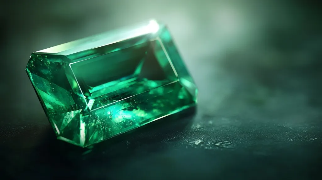 A vibrant, emerald-cut emerald gemstone rests on a dark, textured surface.  The gem's rich, deep green hue is emphasized by the subtle lighting, highlighting its internal clarity and facets.  Small inclusions are visible within the stone, adding to its natural beauty. The background is blurred, drawing focus to the exquisite detail and captivating color of the emerald.