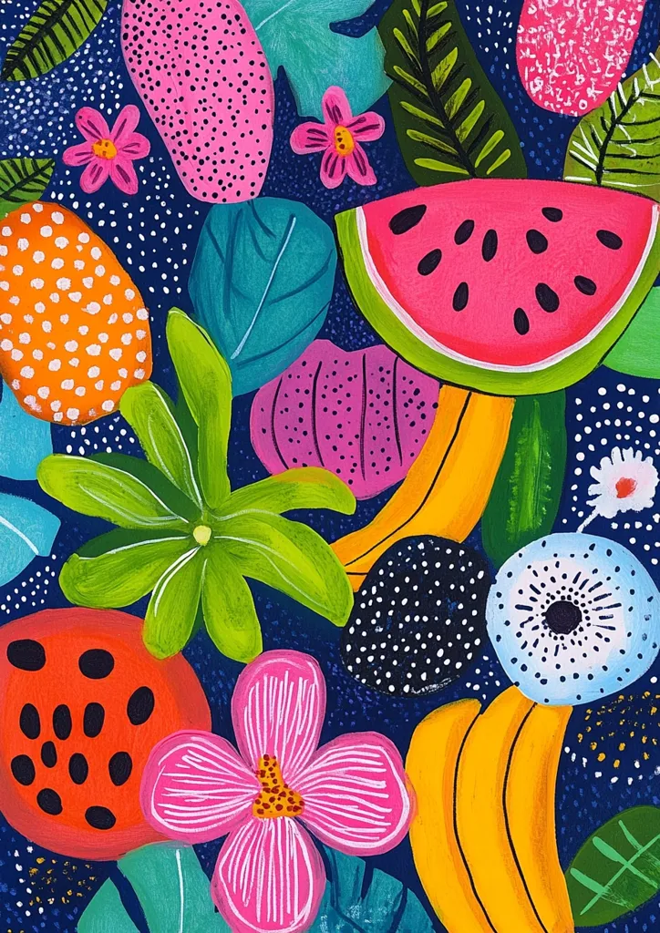 A vibrant, stylized painting bursts with tropical motifs.  Brightly colored fruits like watermelon and bananas are interspersed with bold, graphic leaves and flowers.  The background is a deep navy blue dotted with smaller white spots, creating a lively contrast.  The overall style is playful and energetic, showcasing a bold use of color and pattern.  The artwork is reminiscent of a cheerful, modern textile print.