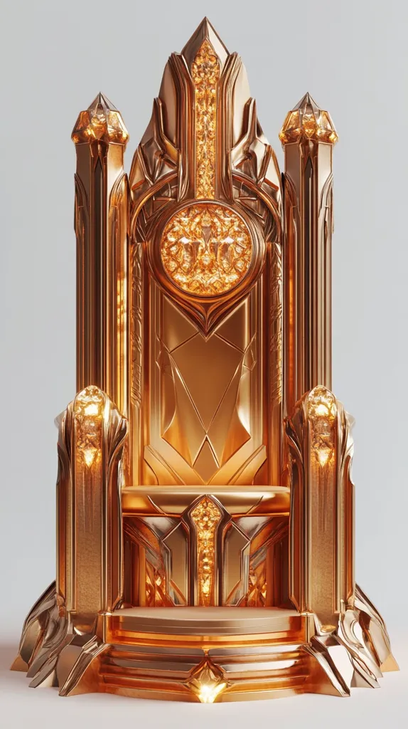 A majestic, golden throne commands attention.  Its intricate Art Deco design features tall, slender pillars flanking a central, ornate backrest.  The seat is elevated on a stepped base, and glowing amber accents illuminate the throne's elaborate carvings and geometric patterns. The overall effect is one of regal grandeur and otherworldly opulence.  The throne's metallic sheen reflects a soft light, enhancing its luxurious appeal.