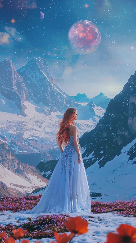 A breathtaking digital artwork depicts a woman in a flowing, light blue gown standing amidst a snowy mountain range under a vibrant, starry sky. A large, reddish-pink moon dominates the heavens, accompanied by smaller celestial bodies.  Purple flowers bloom at her feet, contrasting with the white snow and the majestic, snow-capped peaks that stretch towards a pastel-hued sky. The overall mood is ethereal and dreamlike.