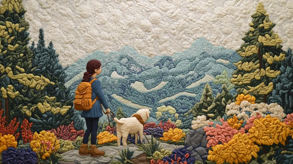 This is a meticulously detailed needlepoint or embroidery depicting a hiker and her dog.  The woman, with a backpack, stands on a rocky outcrop, gazing at a mountainous landscape.  Her light-colored dog sits beside her.  The scene is rich with texture; the mountains, trees, and wildflowers are rendered in thick, textured stitches in various shades of greens, blues, and yellows. The style is reminiscent of a folk art landscape painting, translated into a three-dimensional textile.