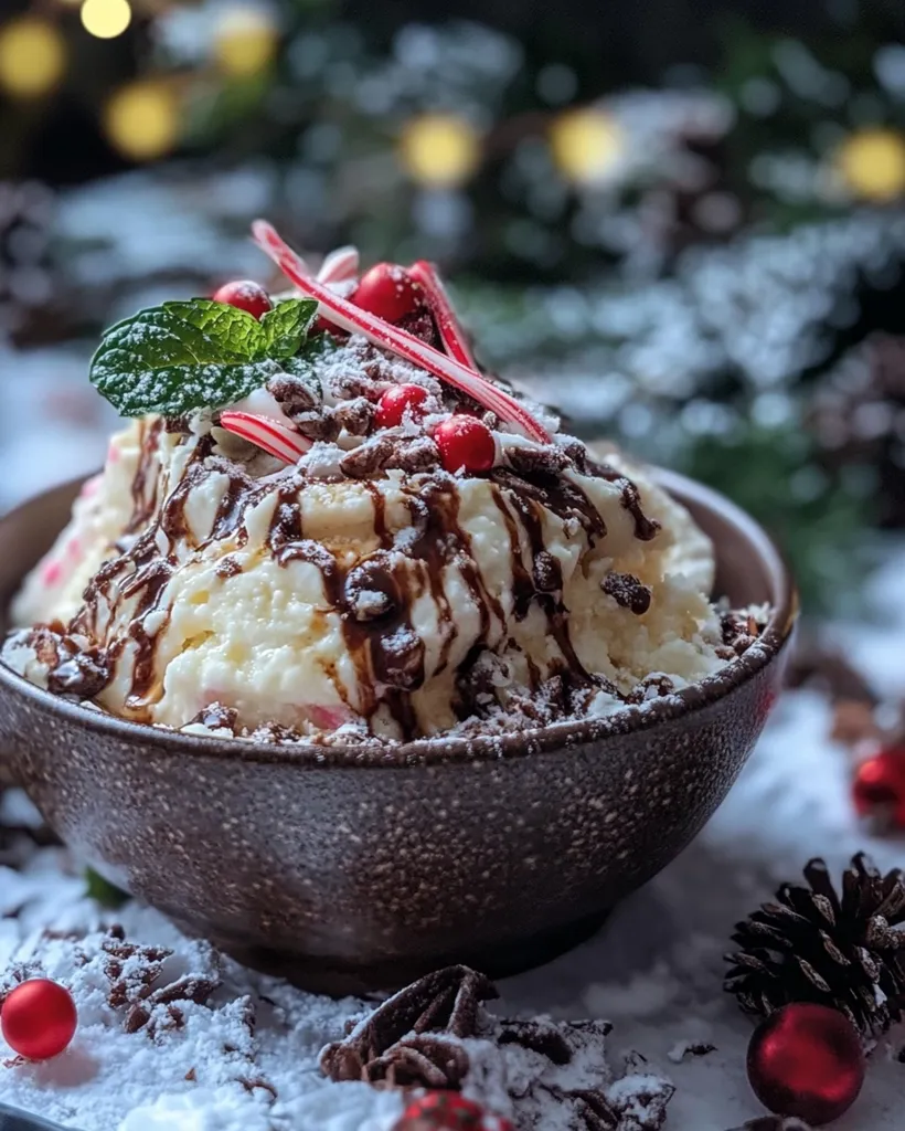 Here's a description of the image:

A decadent dessert, possibly ice cream, is nestled in a dark brown bowl.  The creamy base is generously drizzled with chocolate sauce and sprinkled with crushed candy pieces,  powdered sugar, and what looks like chopped nuts.  A sprig of mint and candy cane shards garnish the top, adding a festive touch.  The bowl sits on a snowy surface, surrounded by pine cones, star anise, and small red ornaments, creating a cozy Christmas atmosphere. The background is blurred but shows a festive setting with lights and greenery.