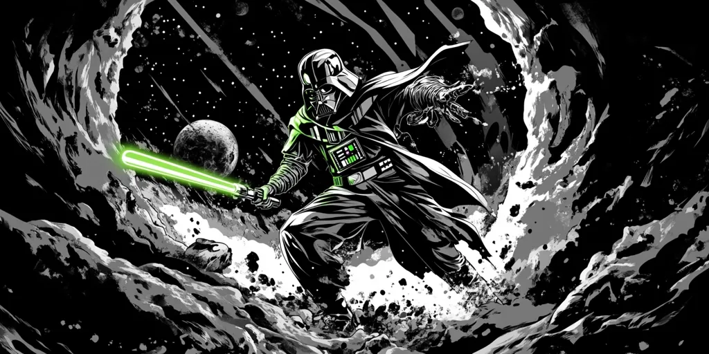 Here's a description of the image:

The artwork depicts Darth Vader, the iconic Star Wars villain, in a dynamic pose amidst a chaotic space scene.  Rendered in predominantly black and white with splashes of bright green, Vader wields a lightsaber, its energy beam cutting across the dark backdrop.  He's surrounded by swirling nebulae and rocky asteroids, creating a sense of movement and intensity. The style is expressive and bold, resembling a comic book panel with heavy ink strokes and shading.  The planet visible in the background adds depth to the cosmic setting.  The overall effect is powerful and dramatic, capturing Vader's dark presence within a visually arresting space battle.