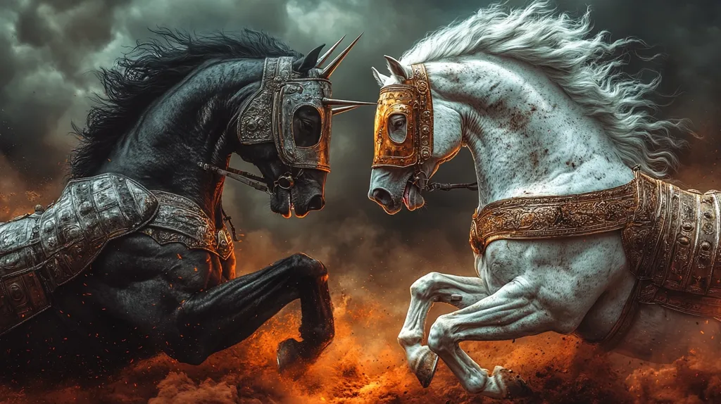 Here is a description of the image:

The image depicts two majestic horses, one black and one white, locked in a dramatic confrontation. Both are clad in ornate, metallic armor, suggesting a battle scene.  The black horse's armor is dark and imposing, while the white horse's is golden and elaborate. Their manes and tails flow dynamically, enhancing the sense of movement and power.  They appear to be in mid-stride, dust and embers swirling around them, adding to the intensity of the moment.  The dark, stormy sky provides a stark contrast to the vibrant colors of the horses and their armor. The overall aesthetic suggests a fantasy or epic setting.